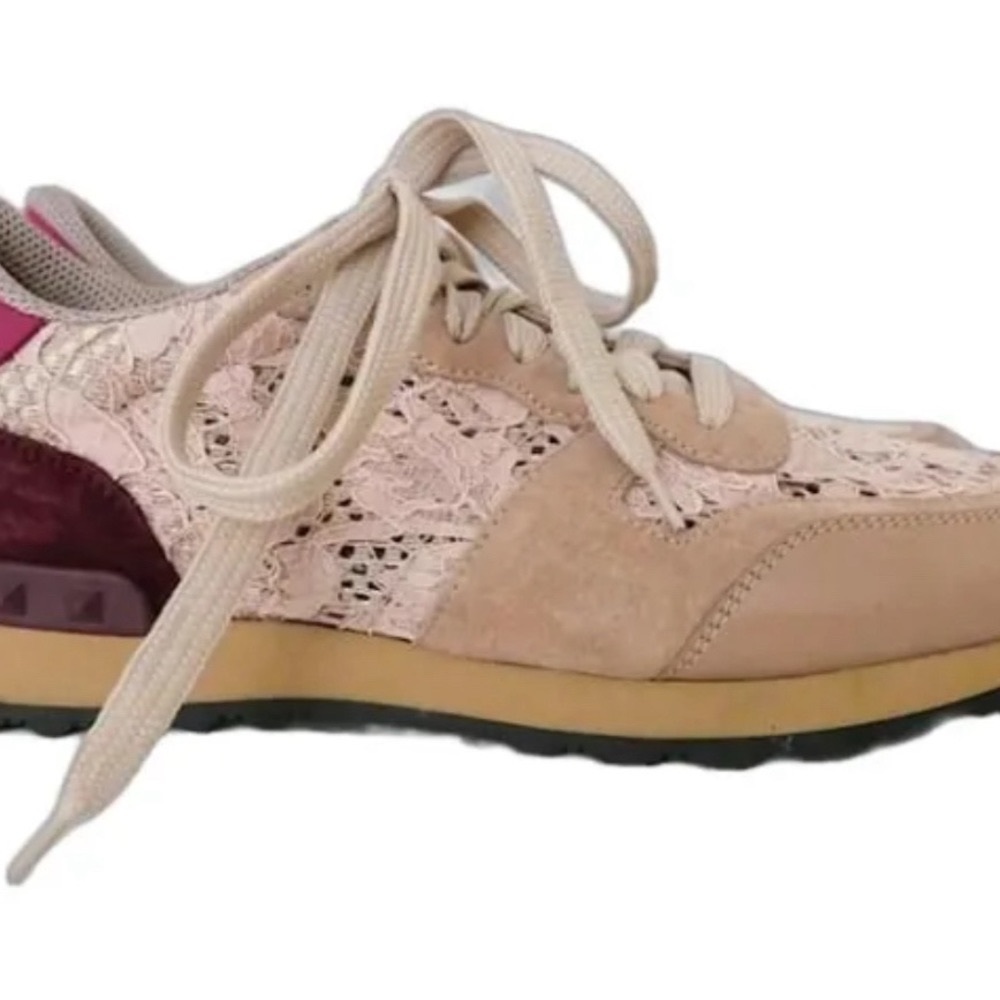 NIB 52941 AUTH VALENTINO Beige Suede& Pink Lace ROCKRUNNER Sneakers Shoes, S.38